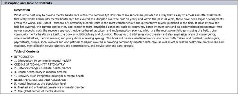 The screen capture of description and table of contents in book and journal details page.