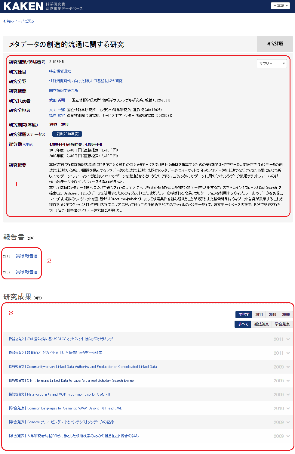 研究課題 詳細画面